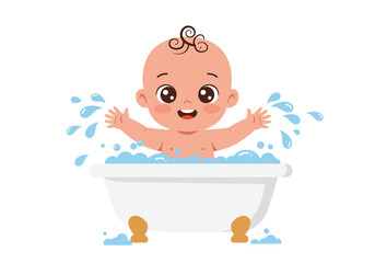 Cute baby splashing in a white bathtub, smiling and playing happily. Perfect for baby products, parenting articles, and hygiene ads.