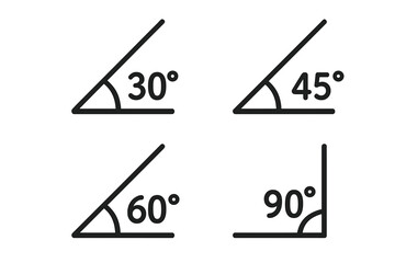 Angle icons set. 30, 45, 60, 90 degree geometry math symbol. Geometric measurement tool sign. Mathematics education vector illustration. Acute and right angle pictogram.