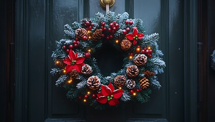 Festive Christmas Wreath with Pinecones and Red Poinsettias on Dark Door decoration