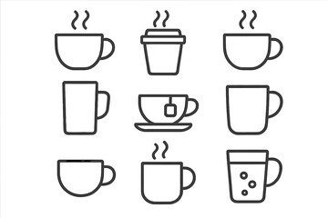 Coffee and tea outline icon set. Cups, mugs, beverages, drinks in linear style. Vector illustration for cafe menu, hot drink symbol. Espresso, latte, cappuccino, teacup icons.