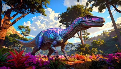 Colorful dinosaur in a vibrant jungle