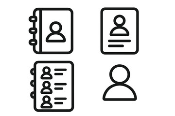 Set of user profile and contact list icons. Vector line art of address book, personal data card, directory, and avatar symbols for UI design. Minimalist business concept.
