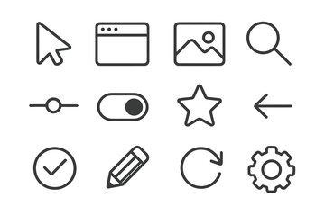 Universal thin line icons set for web and mobile app. UI UX kit with essential interface elements like cursor, search, settings, edit, favorite. Vector graphic symbols pack.