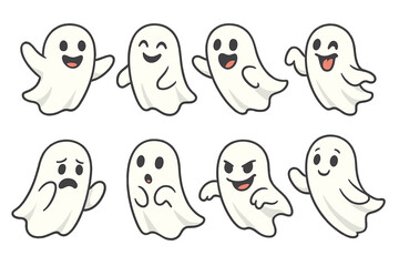 Cute cartoon ghost characters set for Halloween. Spooky funny spirits collection. Vector illustration with various emotions like happy, sad and scary. Playful phantom mascot.