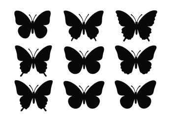 Butterfly silhouette icon set. Black insect shape collection. Elegant flying butterflies for logo, tattoo, sticker or decal. Nature design element. Vector graphic illustration.