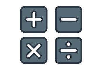 Obraz premium Calculator keys vector icon set isolated on white. Mathematical symbols for addition, subtraction, multiplication, division. Math operation buttons for web, app, and finance.