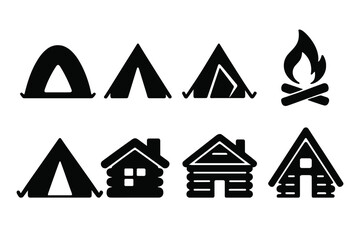Camping silhouette icon set with various tents, log cabins, and a campfire. Vector glyphs for outdoor adventure, hiking, and nature travel concepts. Bonfire and lodge symbols.