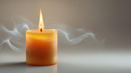 Burning candle emitting a long trail of smoke on a reflective surface