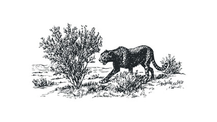 Line art drawing of a cheetah walking through grass and brush. Vector hand drawn illustration