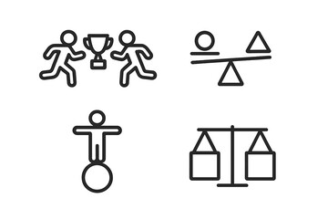 Minimalist line icon set with competition, balance, and justice symbols. Vector pictograms of race for a trophy, scales of justice, seesaw comparison, and figure on a ball.