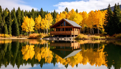 Obraz premium Rustic Cabin by Autumn Lake with Reflections