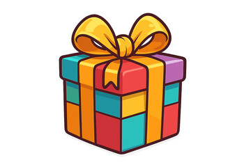 Obraz premium Colorful gift box with a yellow ribbon bow. Vector cartoon illustration of a present for birthday, anniversary, or holiday celebration. Isolated icon for surprise or special occasion.