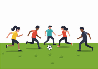 Group of people playing soccer on green field