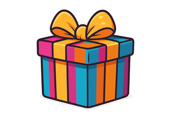 Obraz premium Colorful striped gift box with a big yellow ribbon bow. Vector cartoon illustration of a present for a birthday, Christmas, or anniversary celebration. Surprise package icon for a holiday.