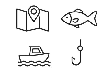Fishing and navigation icon set. Outdoor hobby and travel symbols collection. Includes fish, boat, map with pin, and hook icons. Simple line art vector for web and apps.