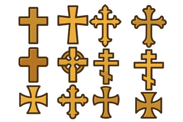 Christian cross vector icon set. Collection of various religious symbols. Latin, Orthodox, Celtic, Catholic crucifix signs. Faith and spiritual design elements for logo.