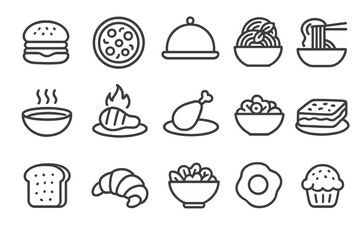 Food and cuisine line icon set. Meal and dish outline icons collection for restaurant menu. Vector symbols for cooking, eating. Includes burger, pizza, pasta, soup, steak.