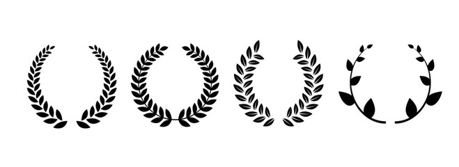 Retro laurel wreaths set. Circle winner trophy decor elements for award banner, emblem, label, badge. Black round branches with leaves collection. Vintage Greek olive foliate ornaments pack. Vector