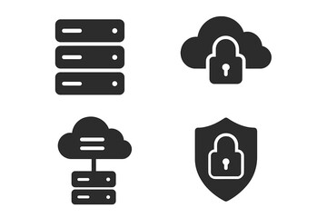 Database server and cloud computing solid glyph icon set. Secure data storage, internet privacy, network connection, protected system. Technology vector pictogram collection.