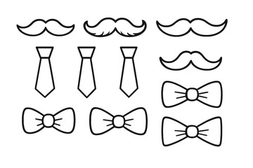 Gentleman icon collection. Vector set of simple outlines with mustaches, neckties, and bow ties. Masculine design elements for Father's Day, Movember, or party props.