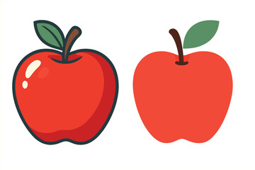Two red apple vector illustration set. One apple in a cartoon sticker style with outline, the other in a simple flat design. Healthy organic fruit icon graphic element.