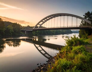 Sunrise over a modern arch bridge reflecting on calm water