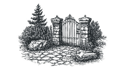 Ornate iron gate with stone pillars and cobblestone path surrounded by lush foliage and a pine tree. Vector hand drawn illustration