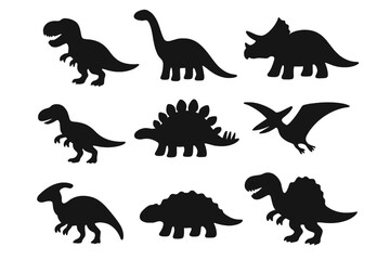 Dinosaur silhouette icon set. Prehistoric animal and fossil collection. Extinct creatures vector graphics. Cartoon T-rex, triceratops, stegosaurus, and pterodactyl icons.