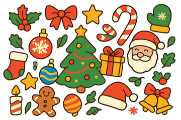 Obraz premium Christmas icon collection. Vector cartoon doodle set with Santa Claus, tree, gift, candy cane, ornament, gingerbread man. Festive holiday symbols for seasonal celebration.