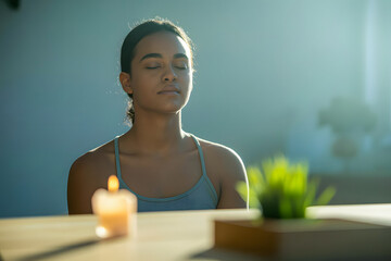 A serene young woman with eyes closed, meditating in a tranquil sunlit room with a candle and a plant