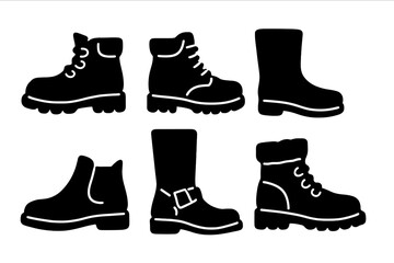 Set of various boots types. Work, hiking, combat, and fashion footwear. Black silhouette icon collection. Vector graphic symbols for shoe store, outdoor, or winter concepts.
