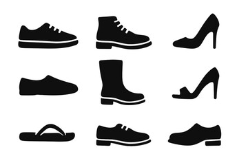Footwear silhouette icon set. Big collection of men and women shoes. Includes sneaker, boot, high heel, sandal, loafer, classic shoes. Isolated fashion vector graphic element.
