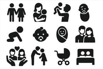 Family life and parenting solid icon set. Mother, father and baby relationship symbols. Newborn child, couple care, pregnancy and parenthood vector pictograms collection.