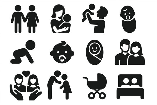 Family life and parenting solid icon set. Mother, father and baby relationship symbols. Newborn child, couple care, pregnancy and parenthood vector pictograms collection.