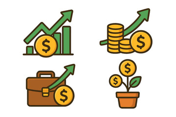 Financial growth icon set. Business success and investment concepts. Money tree, profit chart, ROI, revenue increase symbols. Finance vector cartoon illustration collection.