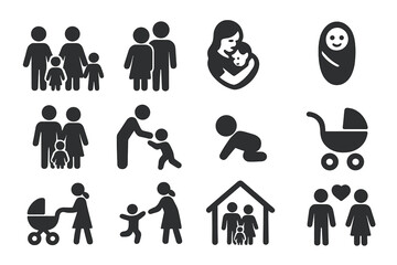 Family and parenting solid icon set. Parents, child and baby relationship symbols. Mother, father, newborn pictogram collection. Household, couple, home glyph vector illustration.
