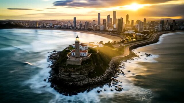 Aerial view of Fingal Head Light House and Gold Coast city during sunset Australia
