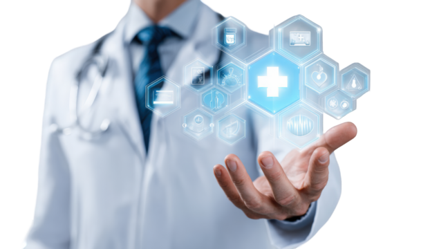 Doctor holding holographic medical icons
