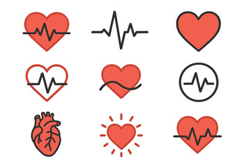 Heartbeat line and heart icon collection. Cardiogram, ECG pulse, and anatomical heart symbols for medical, health, and wellness concepts. Vector cartoon cardiology illustration.