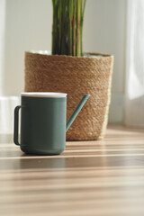 Indoor watering can beside potted plant on wooden floor