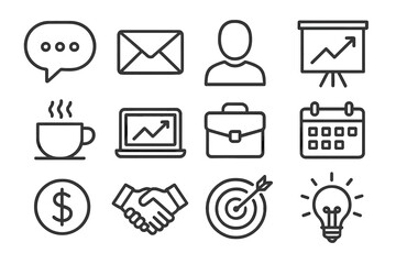 Business and communication linear icon set. Essential symbols for corporate identity, marketing, and finance. Vector icons for web, interface, presentation, and strategy.