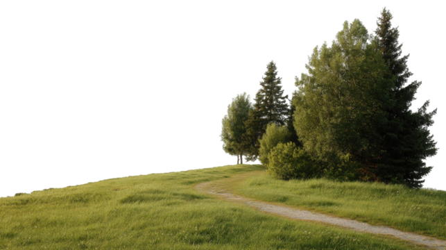 A grassy hill with a path and trees