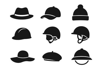 Hat and helmet silhouette icon set. Headwear fashion and sports accessories collection. Vector icons of fedora, cap, hard hat, beret, beanie, equestrian and riding helmet.