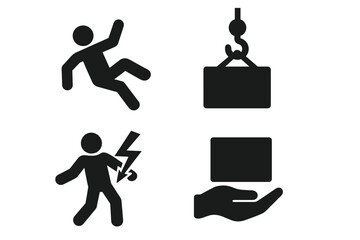 Hazard and safety icons. Solid filled icon set for hazardous work conditions. Warning symbols for falling, crane hazard, electrical shock, and manual heavy lifting. Vector pictograms.
