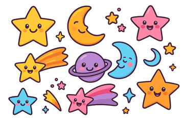Fototapeta premium Cute kawaii celestial characters set. Cartoon smiling star, moon, comet and planet. Galaxy space clipart for kids and baby. Vector illustration collection isolated on white background.