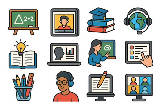 Education icon set for online learning. E-learning and school elements. Vector icons for university, modern classroom, remote study. Teacher, student, laptop, book symbols.