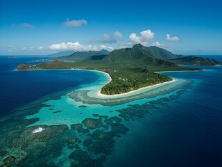 Emerald Lagoon Paradise &ndash; Aerial View of a Tropical Island with Coral Reefs and Majestic Mountains