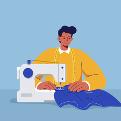 A person sewing fabric with a sewing machine, showcasing a creative and artistic activity.