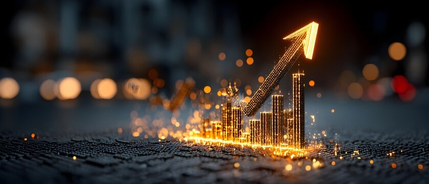 Golden Gold Subtle Transparency Ground Cyber Financial Digital Grid Sharp Glowing Upward Arrow Rising Copy Space Template Branding Social Media Poster Banner Marketing Ecommerce Web Prin SEO Optimized