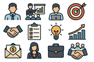 Business and finance line icon set. Professional activity signs. Strategy, management, career, growth, teamwork, success. Vector illustration collection for web and mobile.